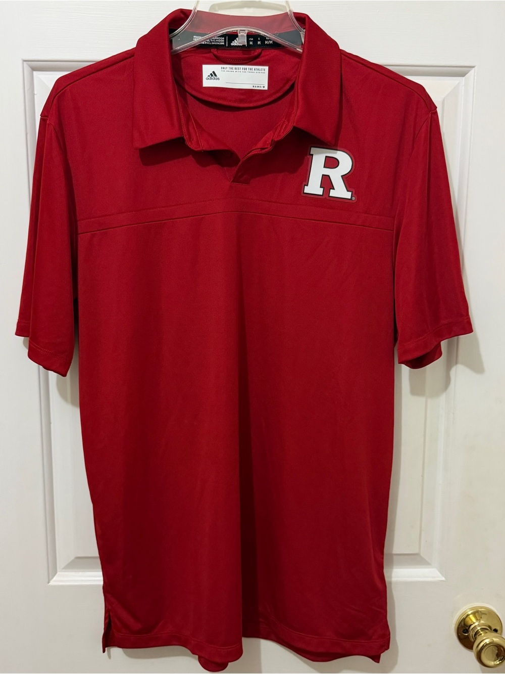 New adidas Red Rutgers White 'R' Chest Logo short sleeve polo shirt sz Men M